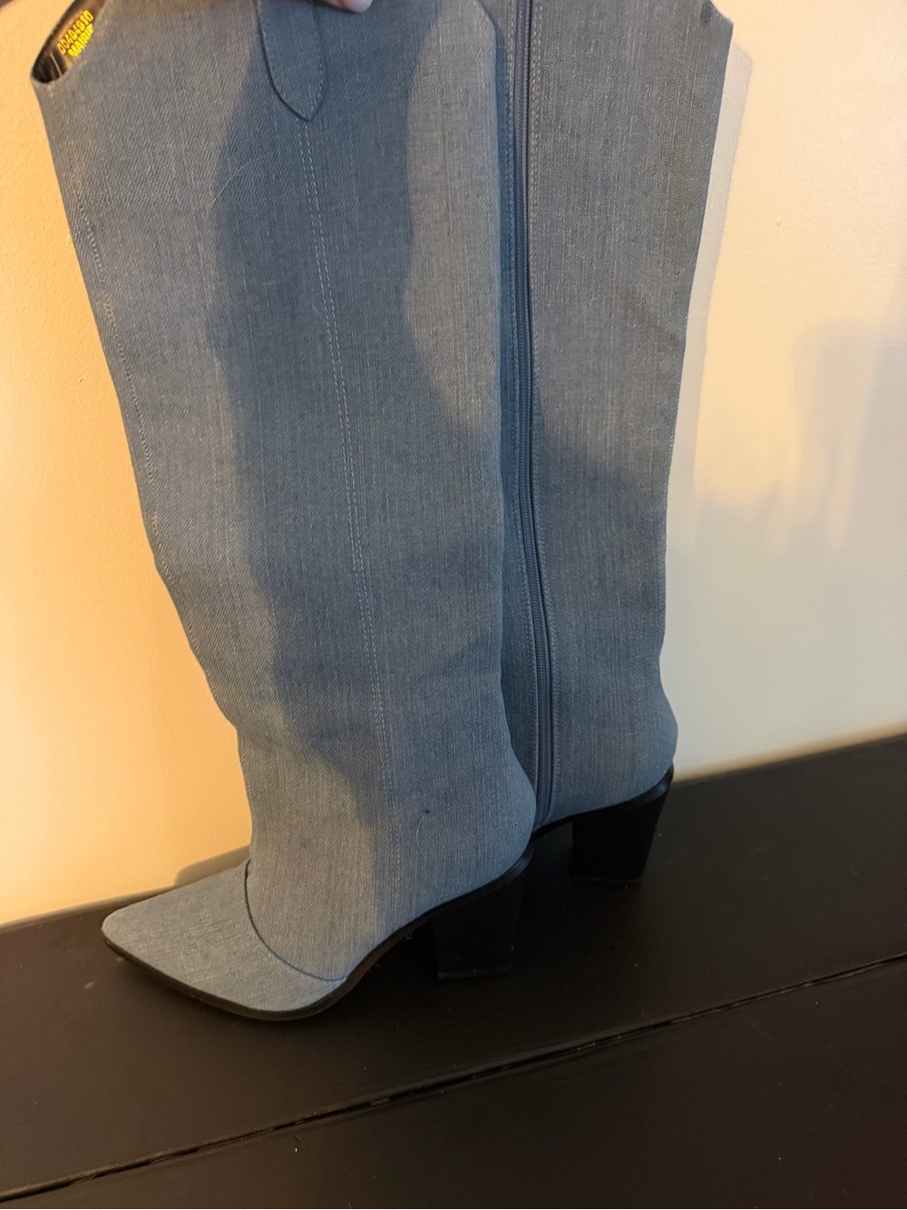 Light Blue Denim Knee-High Pointed Toe Boots